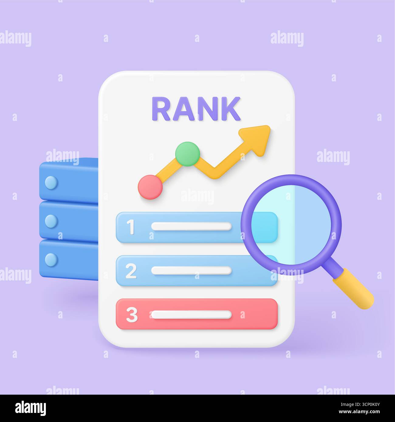 Colorful 3D chart with ranking positions, magnifying glass, and upward ...