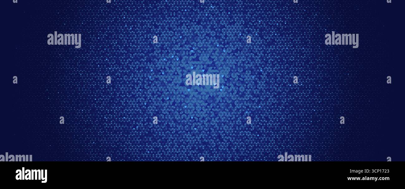 Blue triangular halftone burst, center glow, tech pulse. Topics technology, data, cybersecurity. Use background, banner, website header, presentation Stock Vector