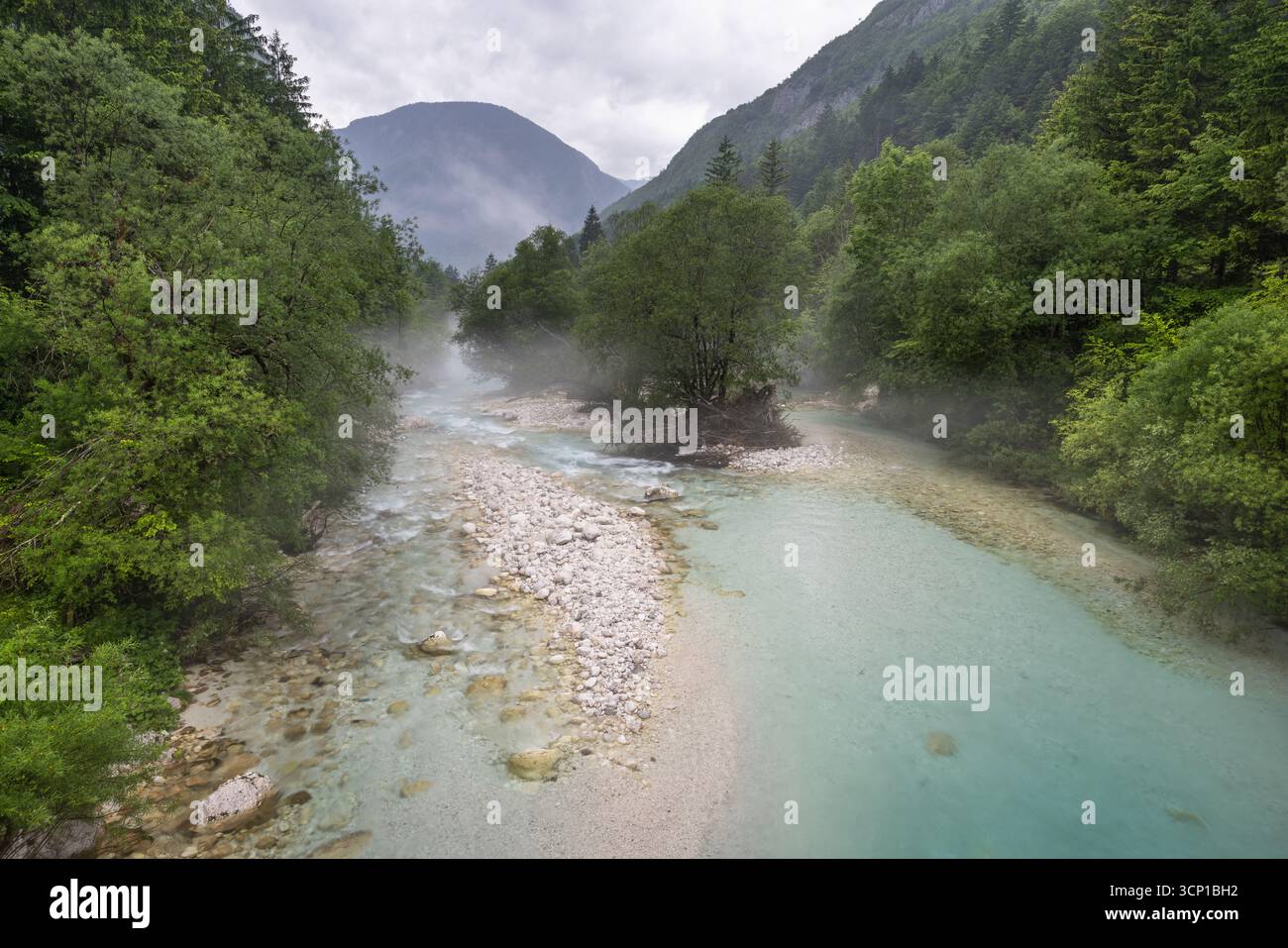 View from a bridge onto the wild upper reaches of the Soca River in the Triglav National Park, Slovenia. Stock Photo