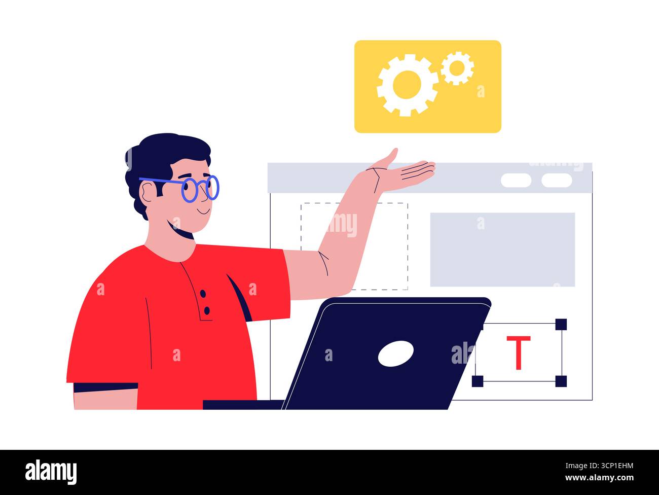 Software developer is working on a web development project using his laptop, managing settings such as gears and text, using a software and pointing Stock Vector