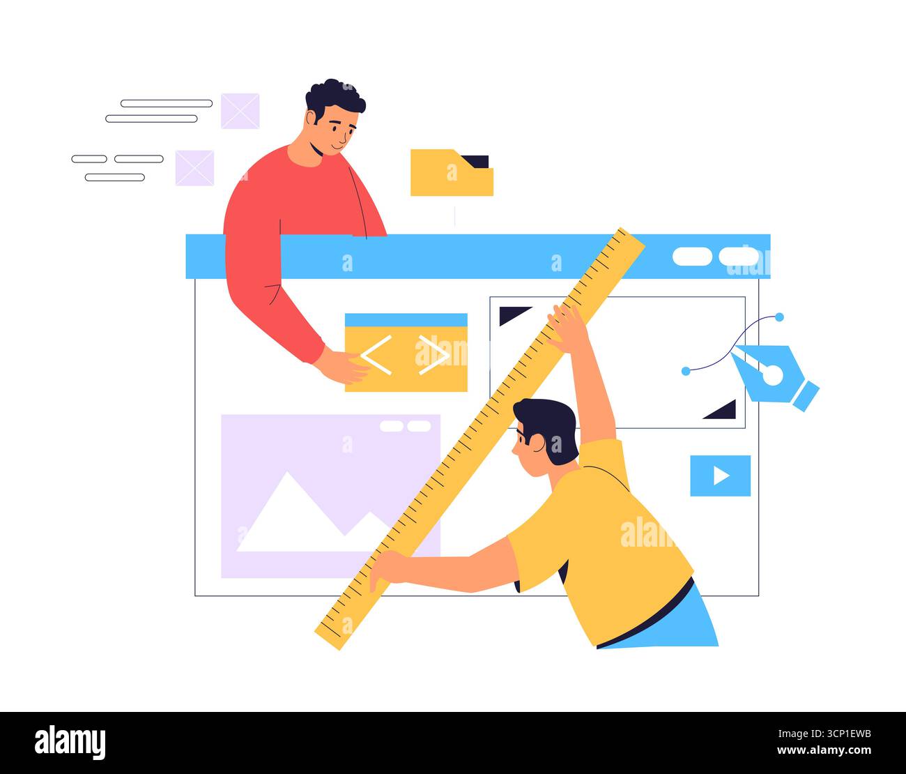Programmers working together developing website, adding code and design elements using large ruler and pen tool, software development process Stock Vector