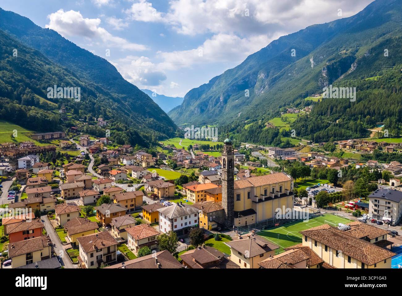 Aerial view of the beautiful village of Ardesio in summer. Ardesio, Orobie alps, Lombardy district, Bergamo province, Italy, Europe. Stock Photo