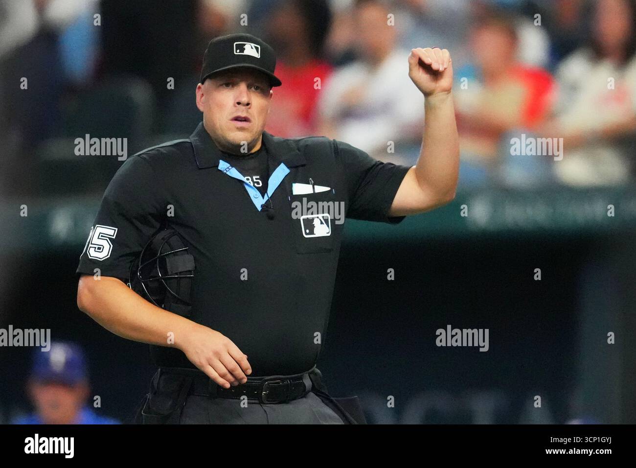 Home Plate Umpire Stu Scheurwater Gestures During The First Inning Of A Baseball Game Between Home Plate Umpire Stu Scheurwater Gestures During The First Inning Of A Baseball Game Between The Texas Rangers And The Miami Marlins Saturday Sept 20 2025 In Arlington Texas Ap Photojulio Cortez 3CP1GYJ