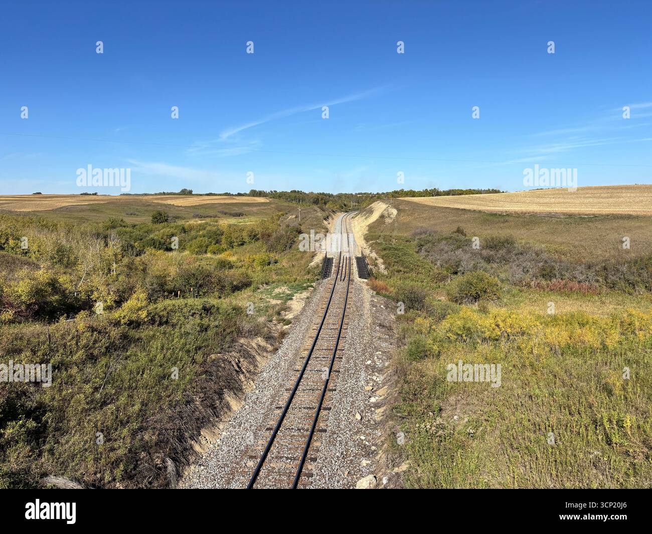 ''The long road ahead. A single set of train tracks disappears into the distance of the prairie.'' - Smartphone Captured Stock Image