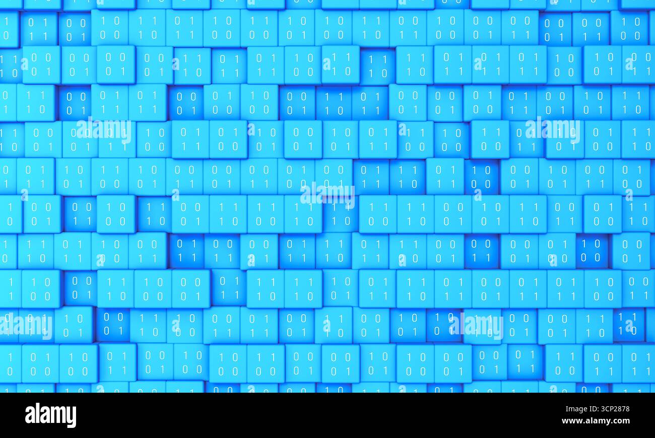 Abstract blue cubes with binary code, technology, big data, blockchain. Abstract blue cubes with binary code, technology, big data. Machine learning, AI, artificial intelligece, science, code, encryption. 3D illustration img_technology084s06_binary_code_symbol Stock Photo