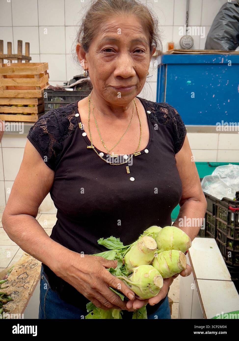 Woman selling vegetables, Lucas Galvez Market, Merida Mexico - Smartphone Captured Stock Image