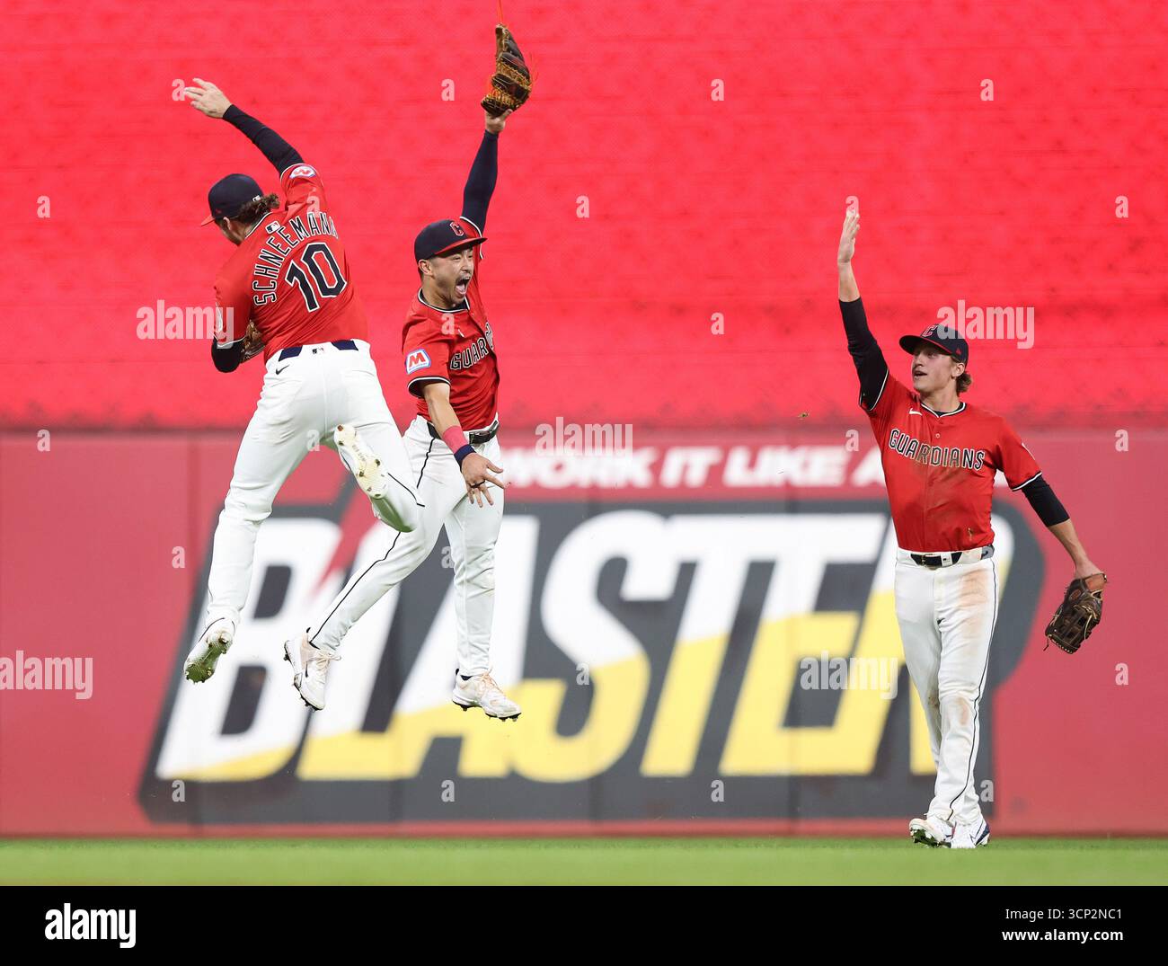 Cleveland Guardians Daniel Schneemann (10), Steven Kwan (38) and Petey