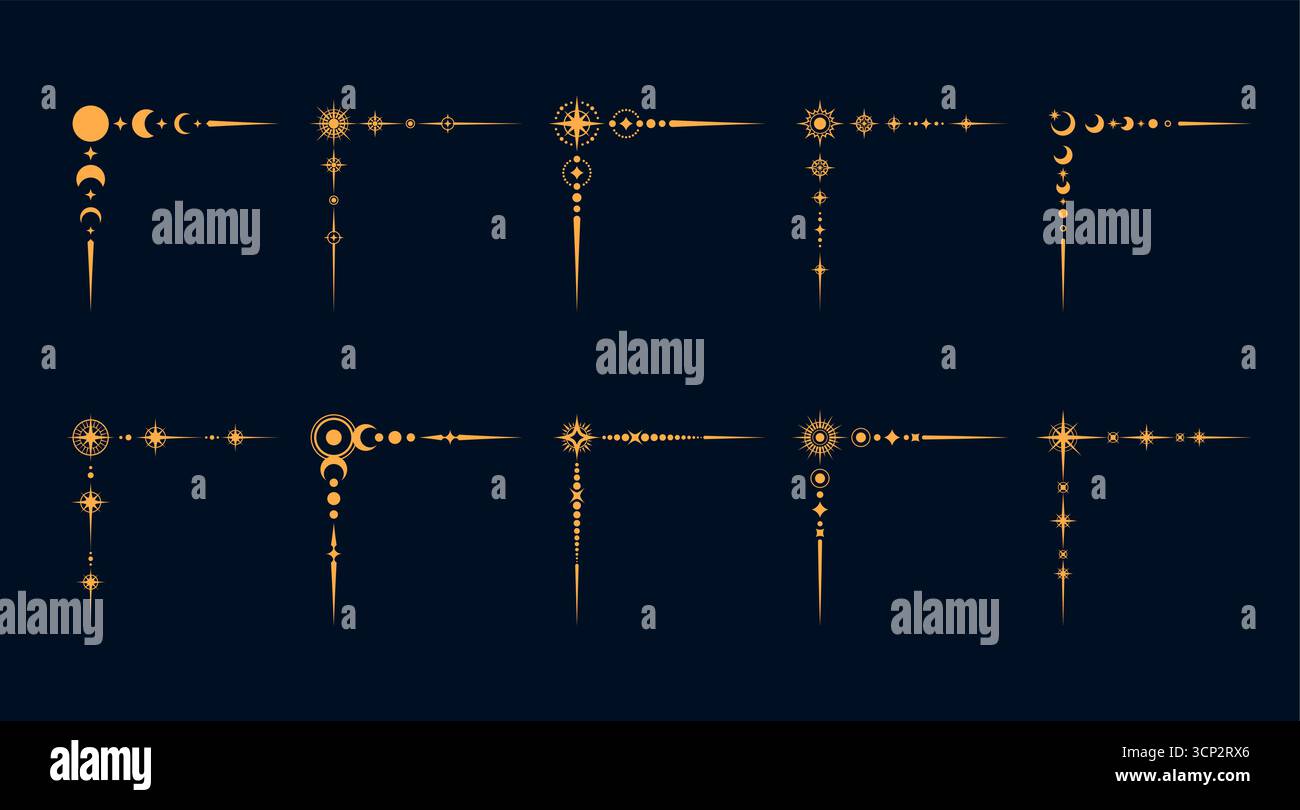 Celestial esoteric border corners with mystic and magic symbols, vector ...