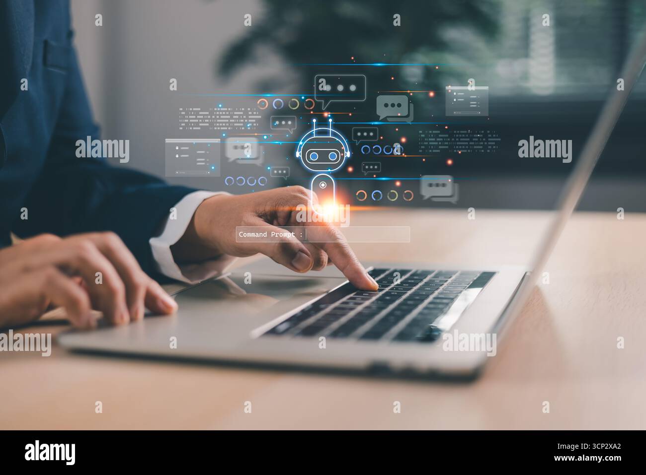 Businessman using laptop with AI assistant chatbot interface, command prompt and digital innovation technology for smart automation, productivity and Stock Photo
