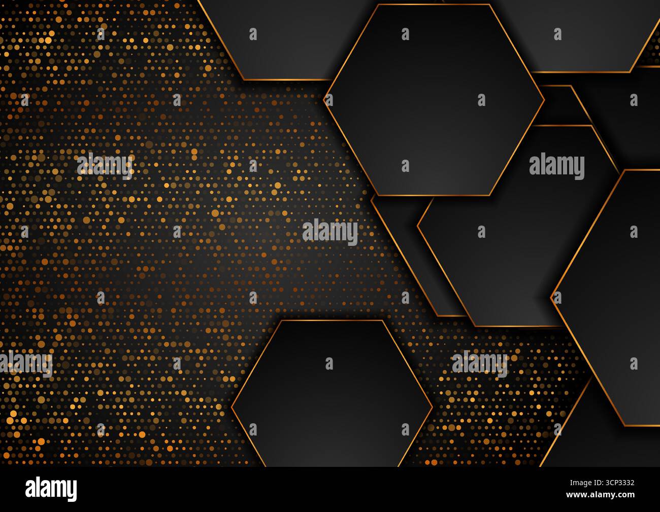 Golden and black hexagons on dotted halftone abstract background. Vector geometric design Stock Vector