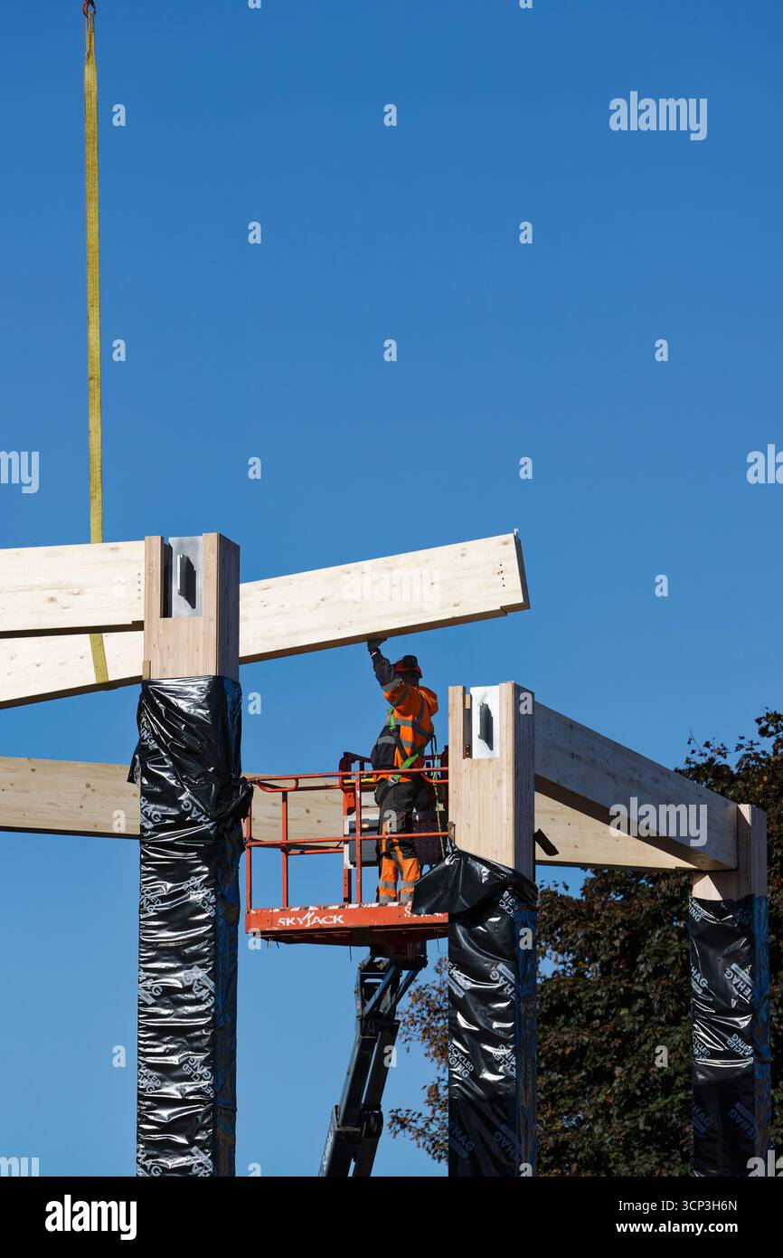 Workman Manchester Glulam laminated timber beam suspended from crane hi-res stock ...