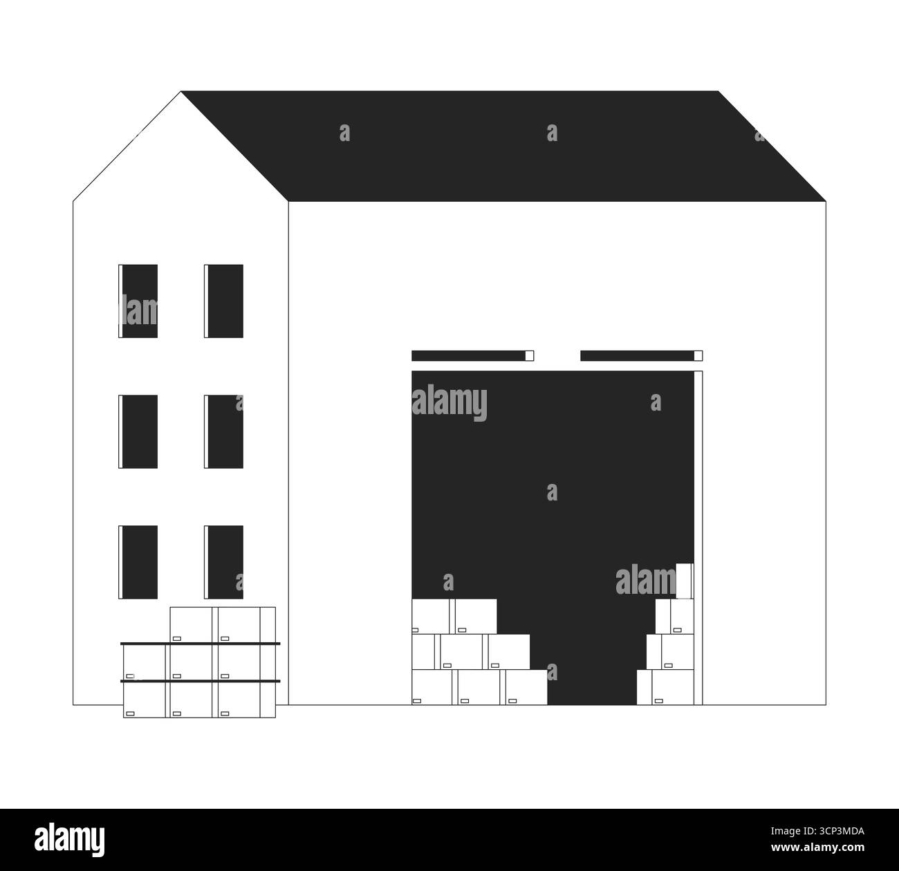 Warehouse storage building cardboard boxes 2D line object Stock Vector