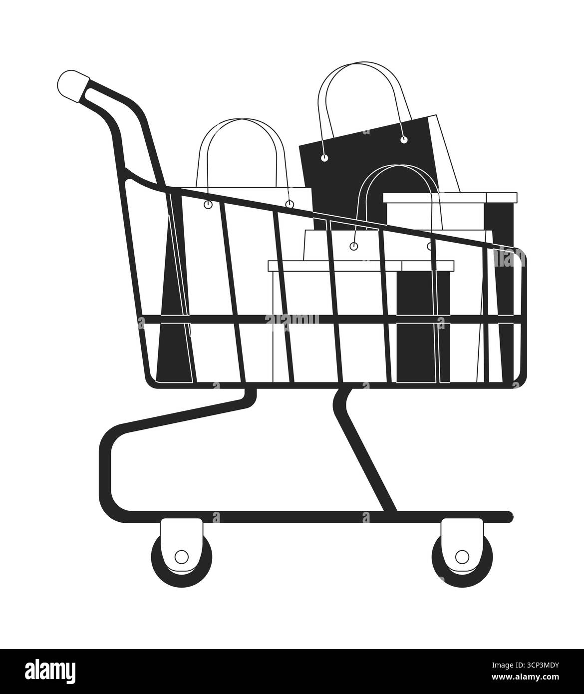 Shopping cart filled with gift bags 2D line object Stock Vector
