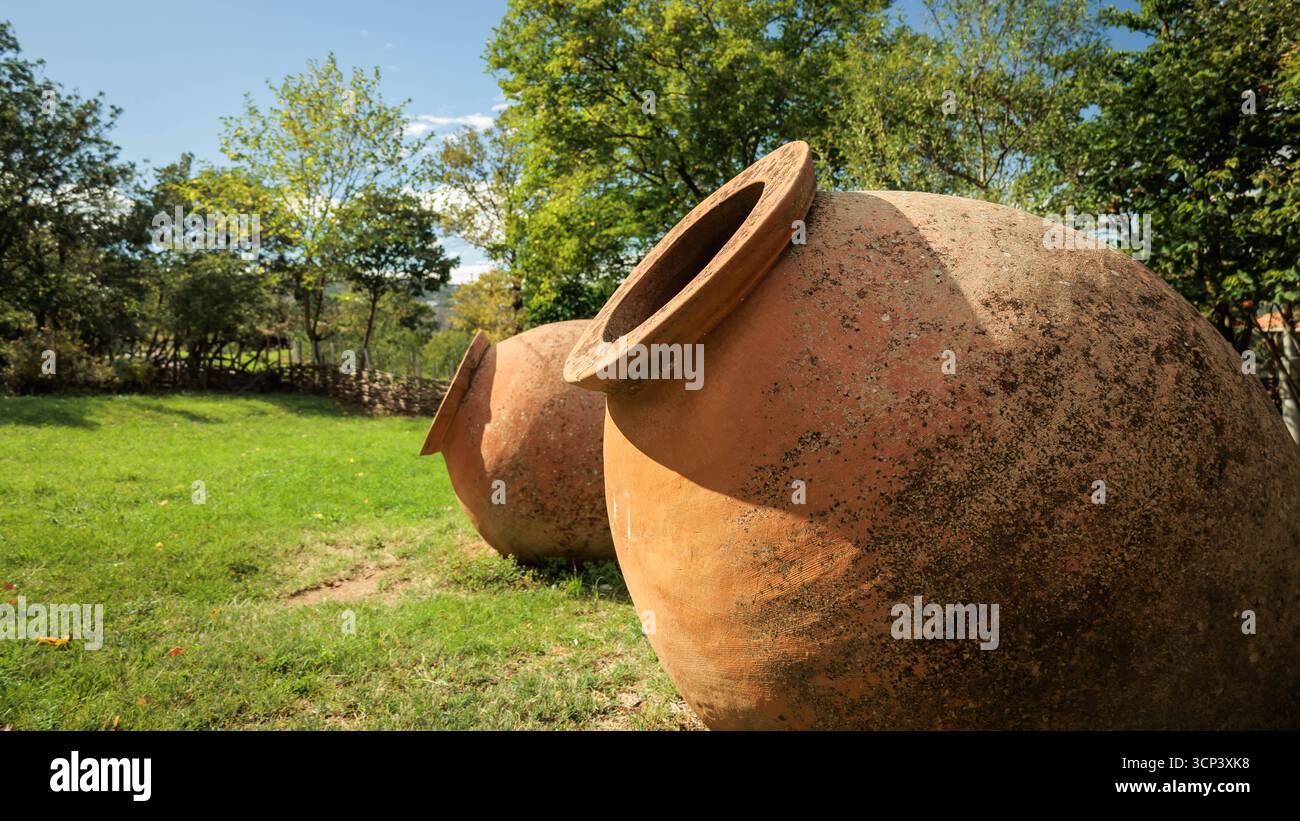 Traditional Georgian clay wine vessels, known as qvevri, used for ...