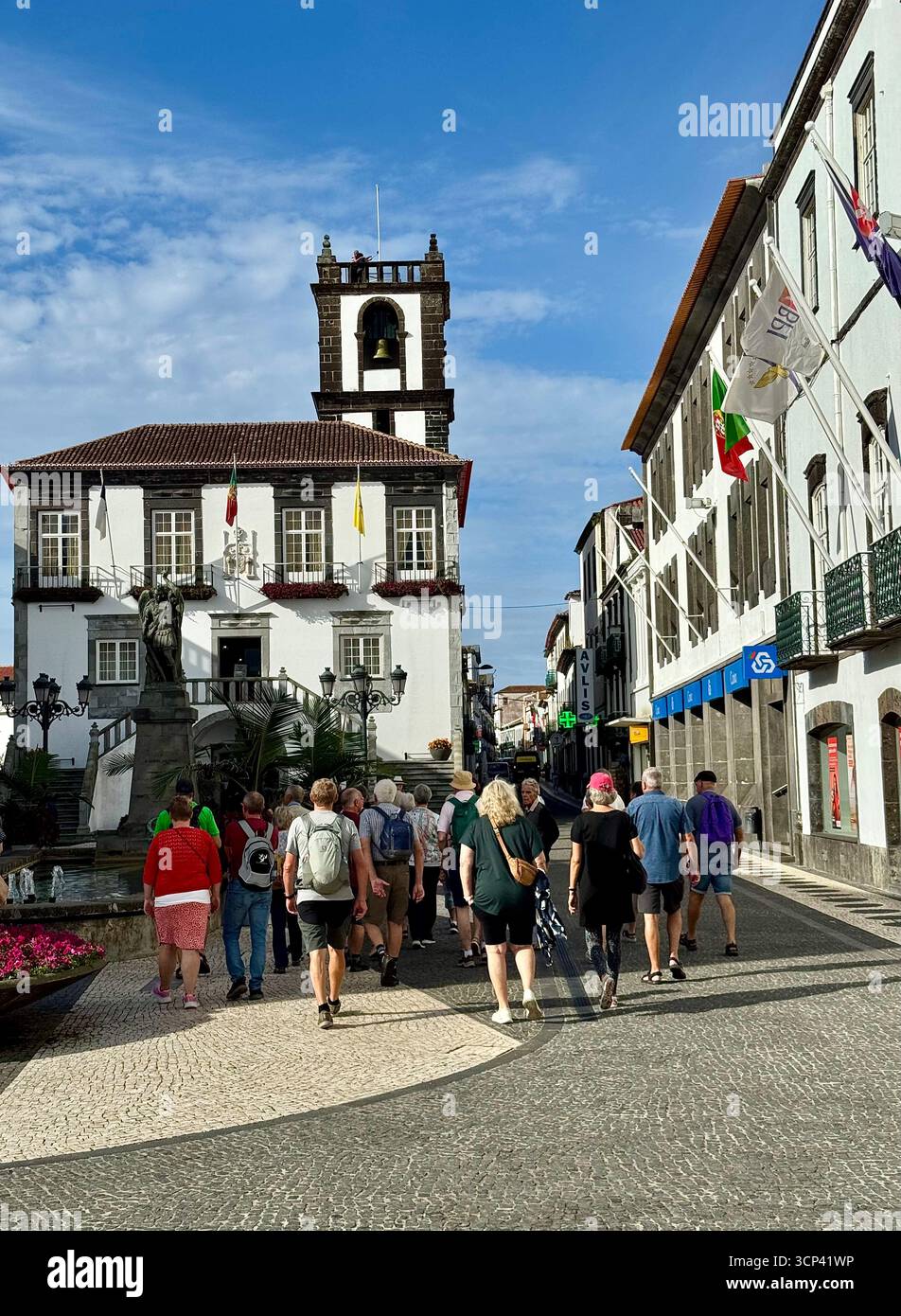 Tourists exploring the historic streets of Ponta Delgada in the Azores. - Smartphone Captured Stock Image