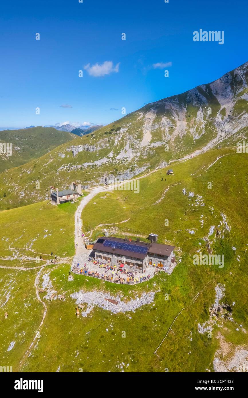 Aerial view of the Rifugio Capanna 2000 and Pizzo Arera in summer. Val Serina, Zambla Alta, Bergamo district, Lombardy, Italy, Southern Europe. Stock Photo