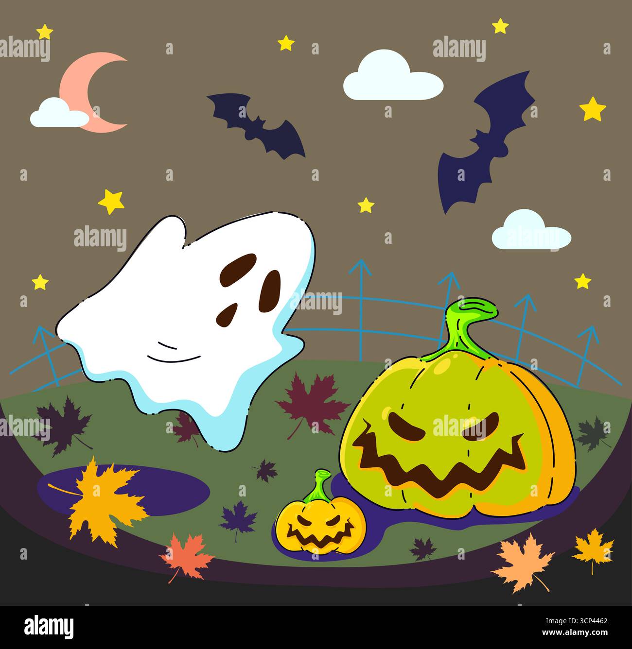 This illustration shows a cute ghost with pumpkins, perfectly themed for Halloween fun Stock Photo