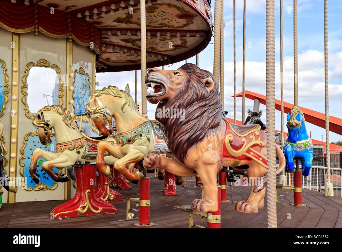 Lion, horses, and other funfair merry-go-round animals, Cardiff Bay ...