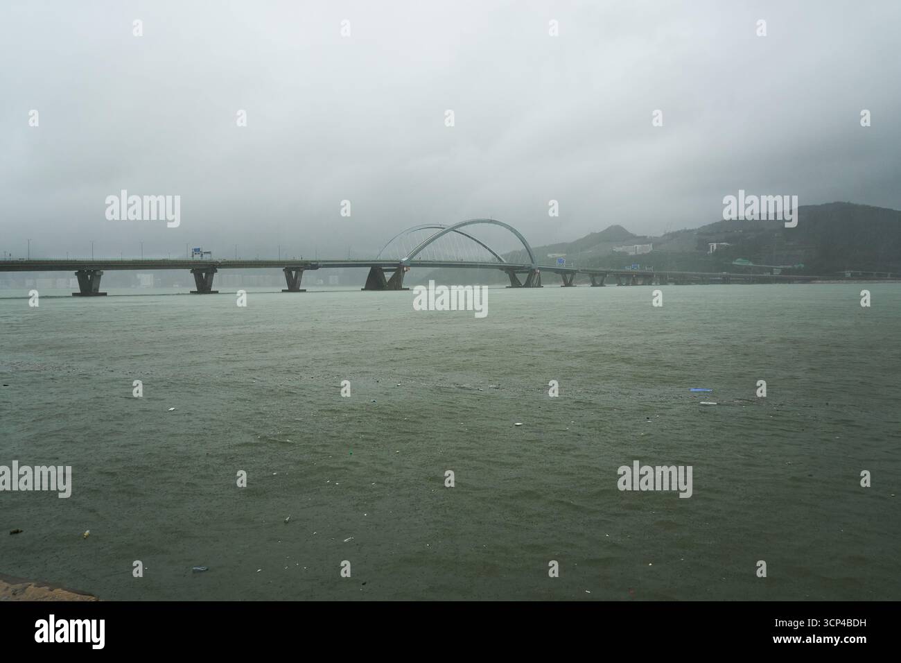 Hong Kong - Sep 24 2025: Junk Bay and Tseung Kwan O Cross Bay Link under the impact of super typhoon Ragasa. Stock Photo