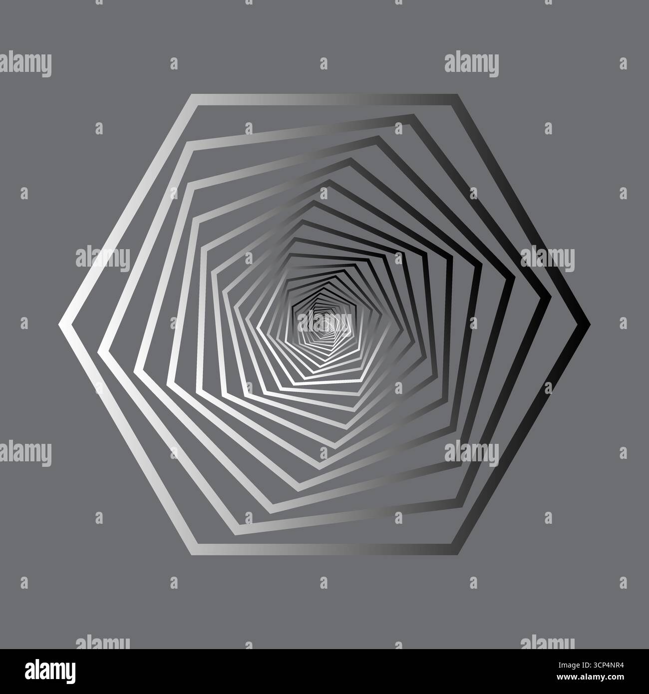 Abstract hexagonal spiral. Geometric optical illusion. Monochrome linear pattern. Vector futuristic design. Stock Vector
