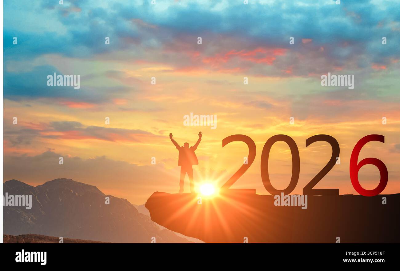 Success Forward Happy person celebrating achievement and looking forward to 2026 ...