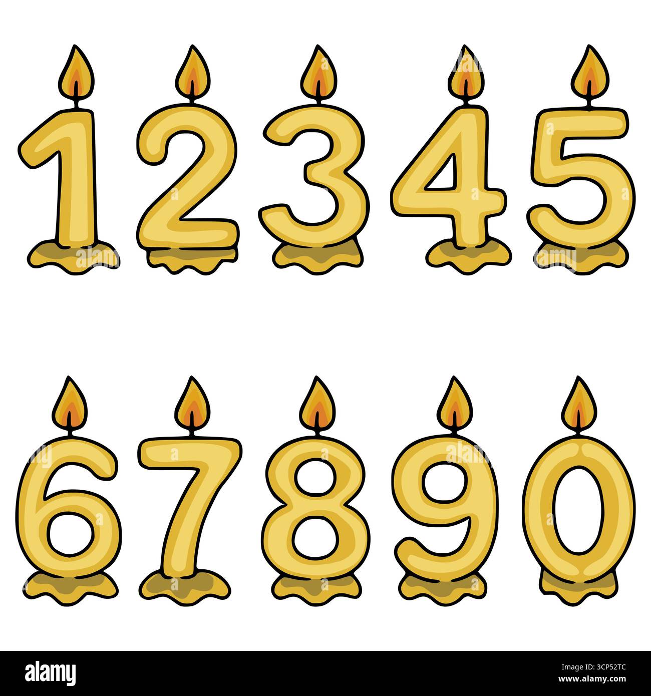 A vector illustration of ten golden birthday candles shaped as numbers 0-9, each with a realistic flame, perfect for festive designs and celebrations. Stock Vector