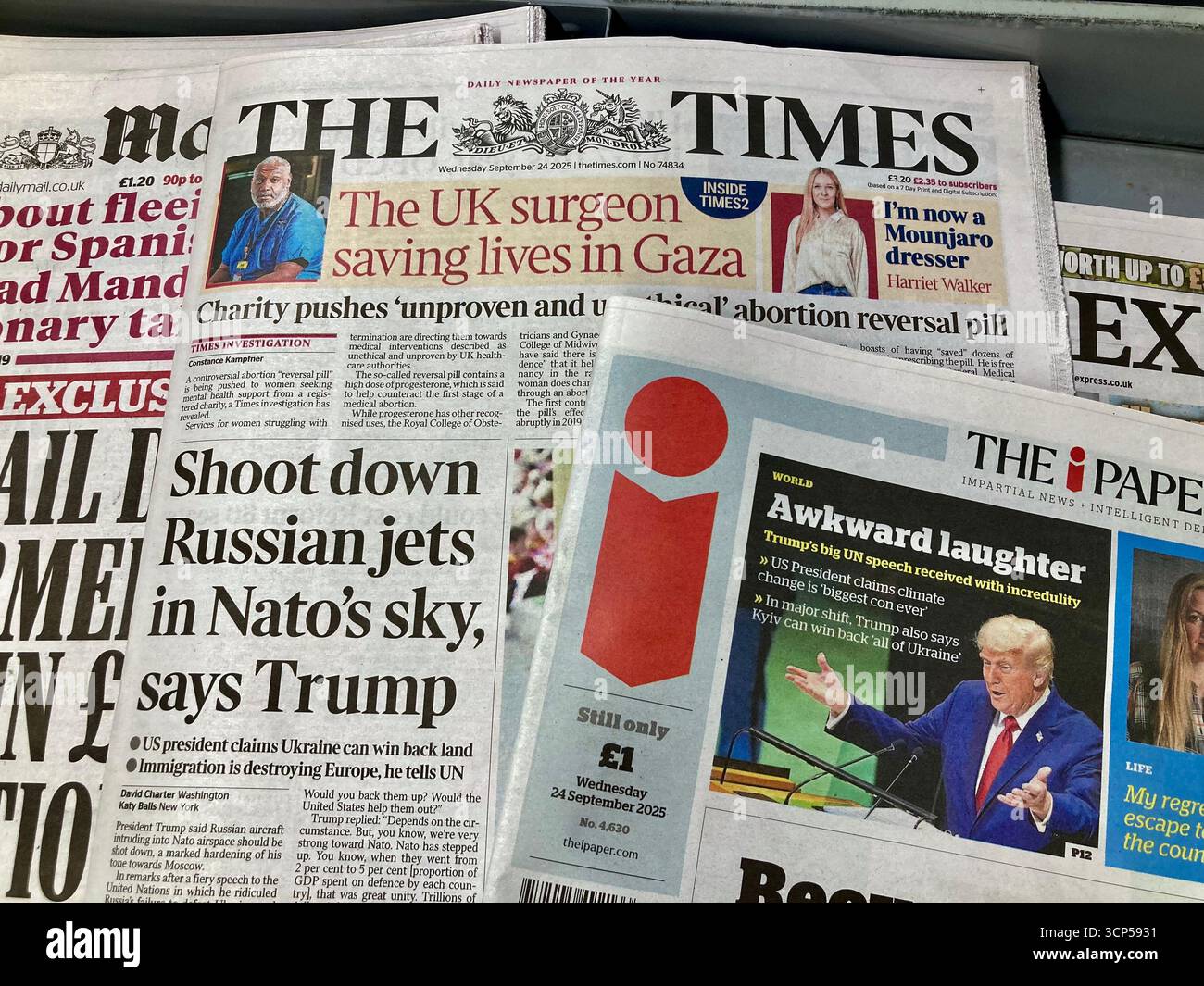 UK newspapers widely report Donald Trump's big speech in United Nations general assembly, told Nato should shoot down Russian jets in Nato's sky Stock Photo