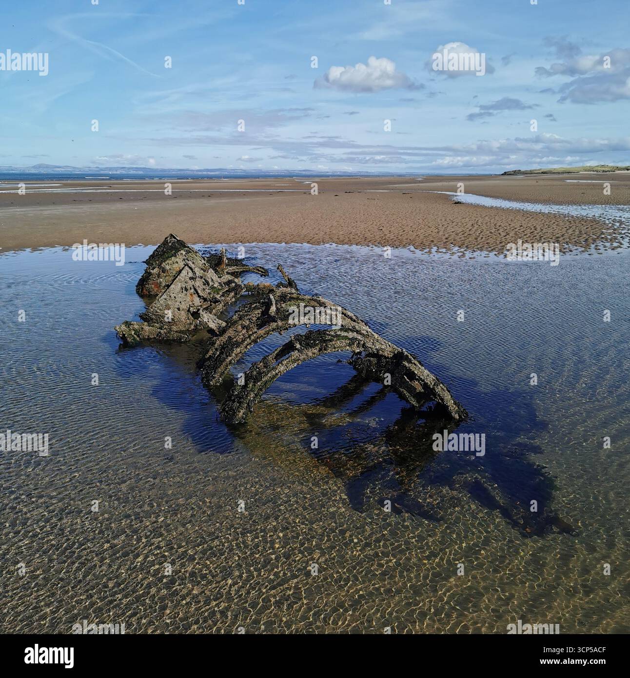 Wrecked WWII X-Class “Midget” submarines rust in Aberlady Bay near Edinburgh. X-Class was built as a new approach for taking down German warships. - Smartphone Captured Stock Image