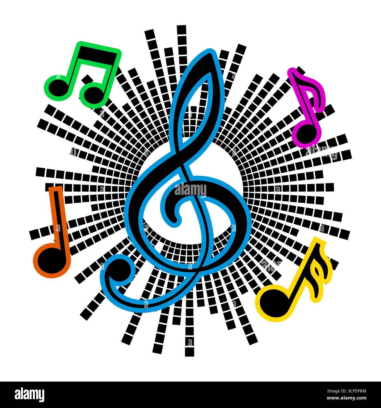 Colorful Music Notes and Treble Clef on Abstract Equalizer Background. Perfect for themes related to music, audio, concerts, parties, festivals. Stock Vector