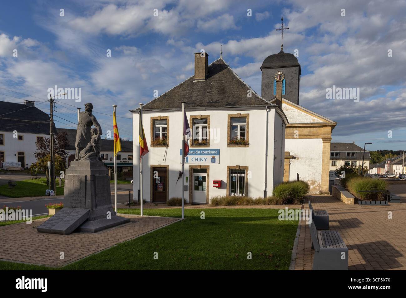 CHINY, BELGIUM, 10 SEPTEMBER 2025: View of the Tourist office and main square at Chiny, in Wallonia. Chiny is a popular tourist destination in the Bel - Stock Image