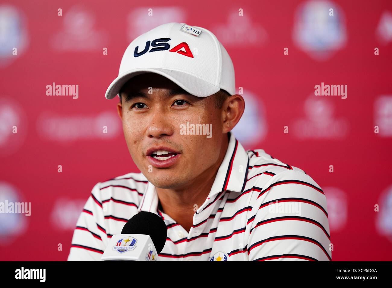 Collin Morikawa of Team United States during a press conference at the ...