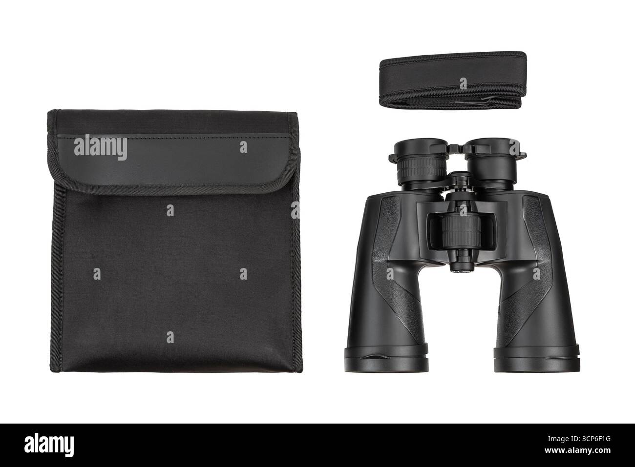 A set of black binoculars, a case, and a strap. Stock Photo
