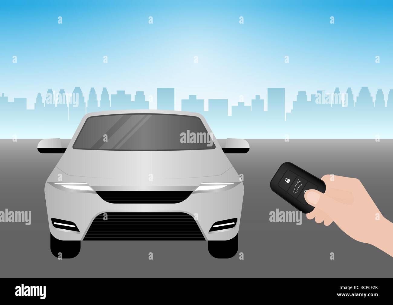 Hand Pressing Car Key Remote Control to Lock or Unlock Car. Car Alarm System. Vector Illustration. Stock Vector