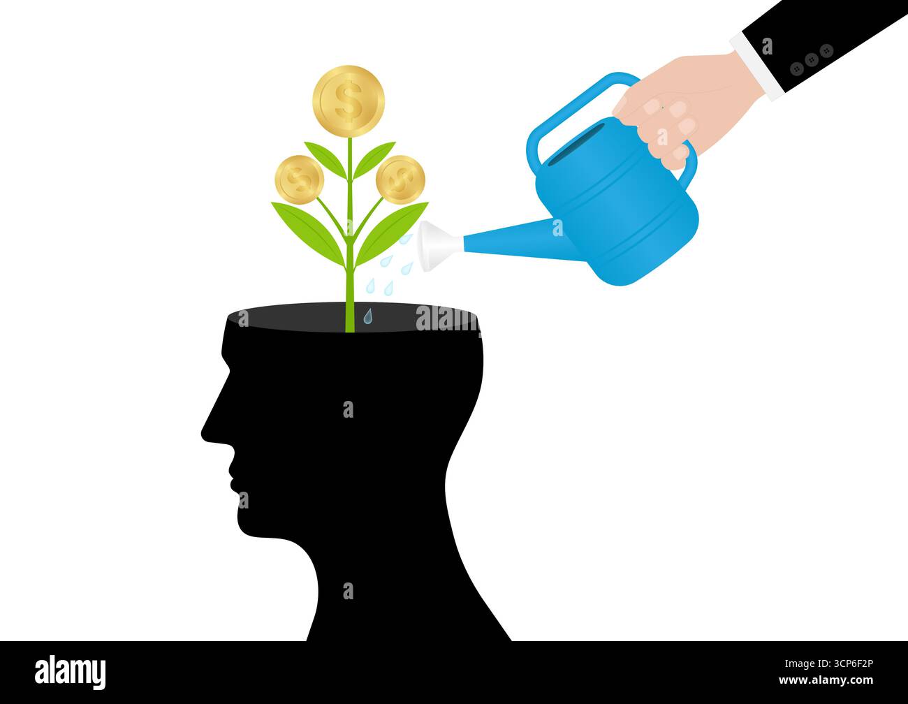 Hand Watering Plant in Human Head. Self Improvement, Self Investment or Growth Mindset  Concept. Vector Illustration. Stock Vector