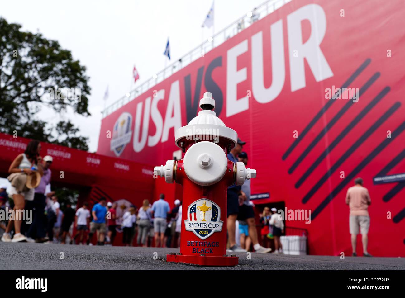 A general view of a Ryder Cup decorated fire hydrant at the Bethpage ...