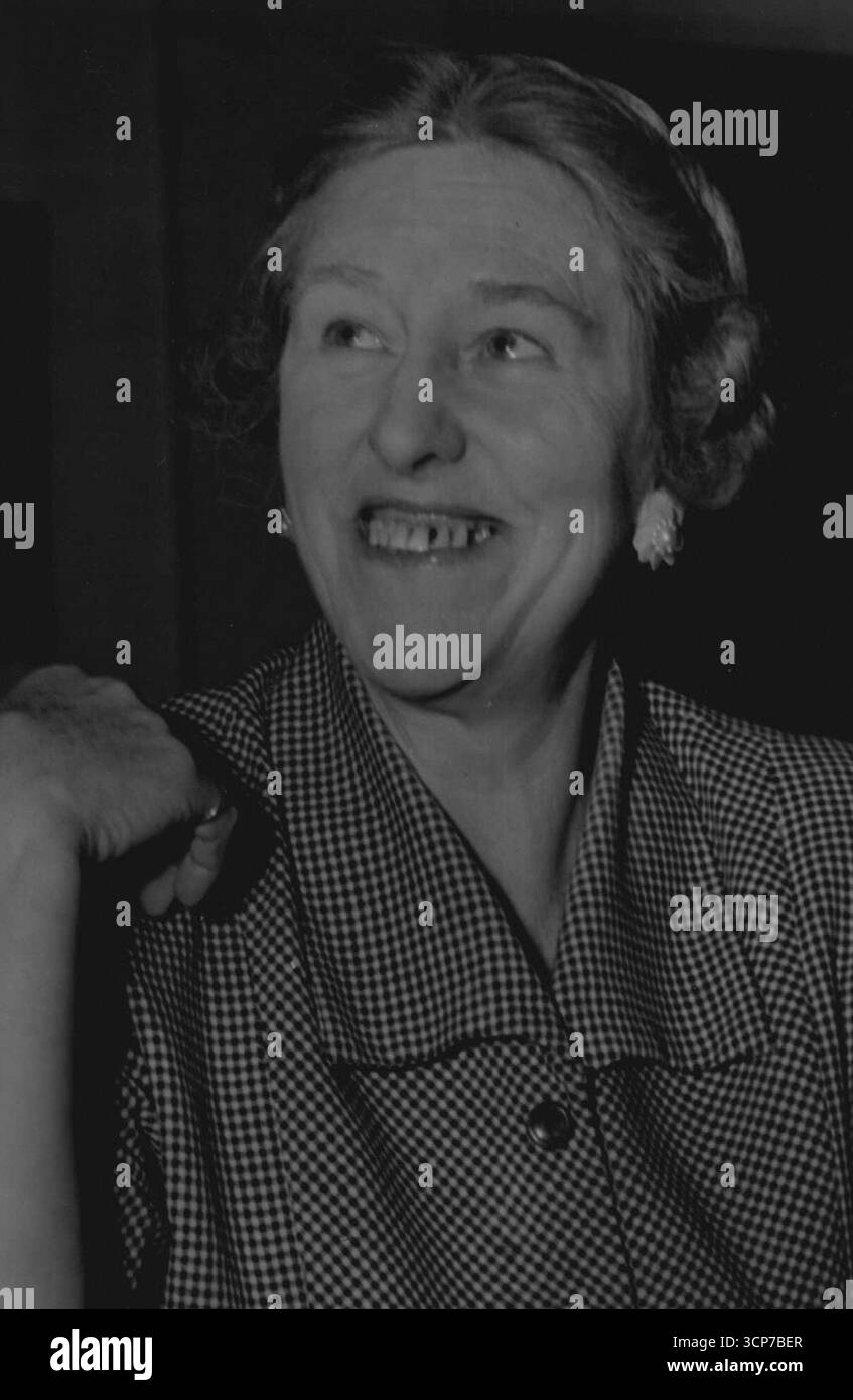 She Was Broke Here Found it a Great PlaceLady Evelyn Chetwynd, 'Great White Mother of the Desert,' will ***** fir England tomorrow after an adventurous stay in Melbourne.Since she arrived here two months ago in the hope of getting to Korea to do welfare work, this noted 54-year-old British social worker has been in all sorts of troubleThe red cross told her it was impossible for her to go to Korea. Her bank account transfer was jumbled and she was soon down to her last 2/. April 10, 1951. Stock Photo