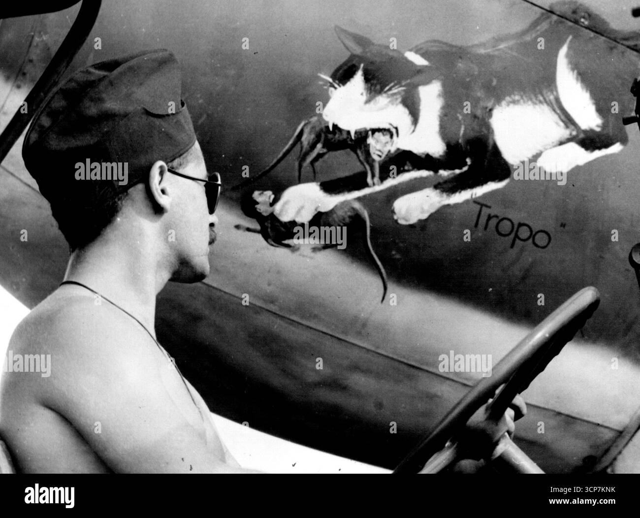 This youthful RAAF pilot, seen admiring the emblem painted on the nose of one of the his squadron's world war 11 Kittyhawk fighters, was commanding officer of no. 77 squadron RAAF on two occasions Wing Commander R. C. (picky) Cresswell DFC, one of the most experienced fighter pilots in the RAAF. December 14, 1954. (Photo by RAAF Official Photo). Stock Photo
