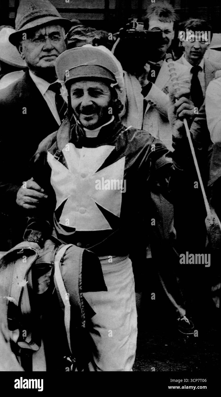 Peter Cook after winning Melb. Cup 1984 on Black Knight. November 6, 1934. Stock Photo