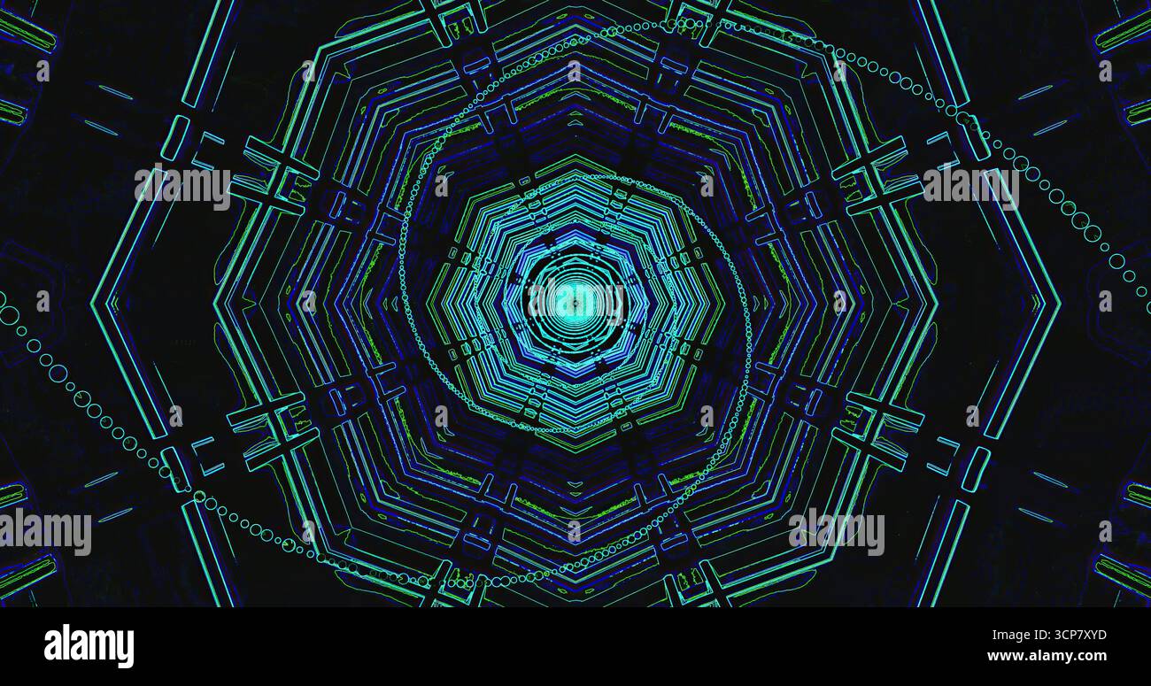 A complex geometric pattern features swirling blue and green lines ...