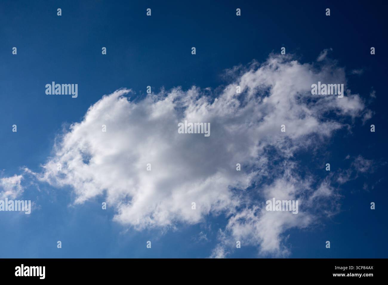 Fluffy white cloud floating in the blue sky on a sunny day, illustrating nature, weather and freedom concepts. Stock Photo