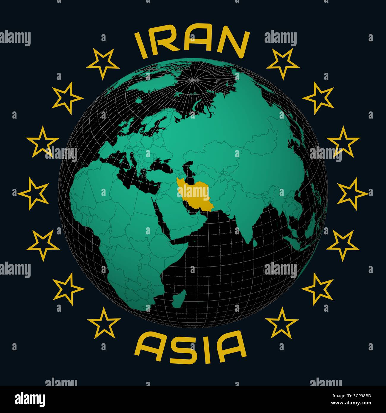 Islamic Republic of Iran on Globe. Round country and continent name ...
