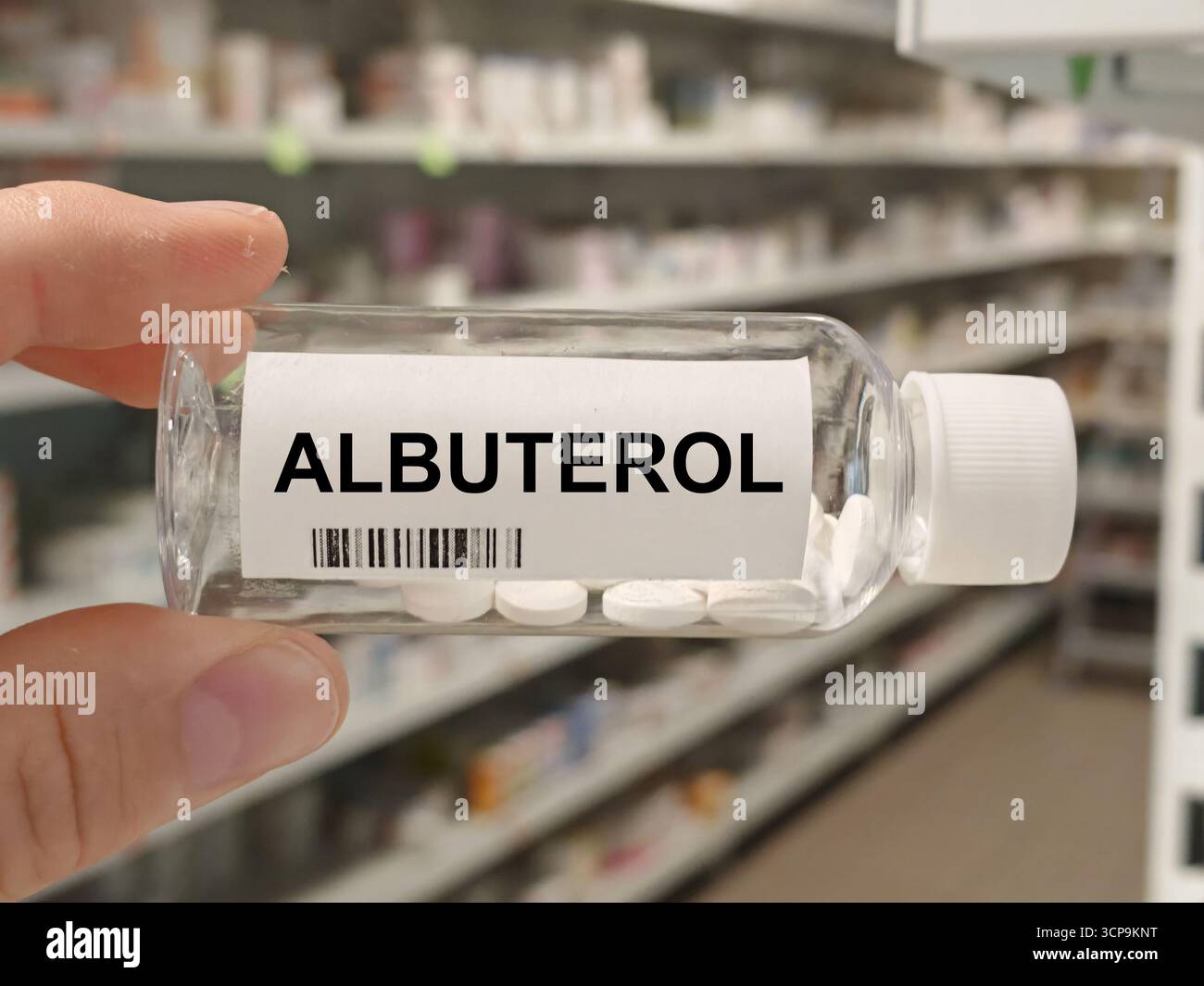 Box of ALBUTEROL tablets on a hospital pharmacy table used to relieve asthma and COPD symptoms a bronchodilator. Stock Photo