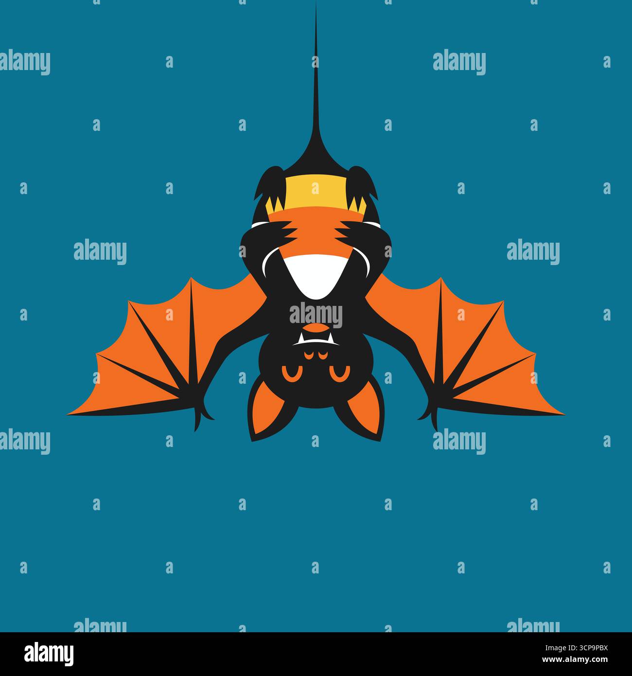 Spooky halloween upside down bat character with wings and a candy corn vector Stock Vector