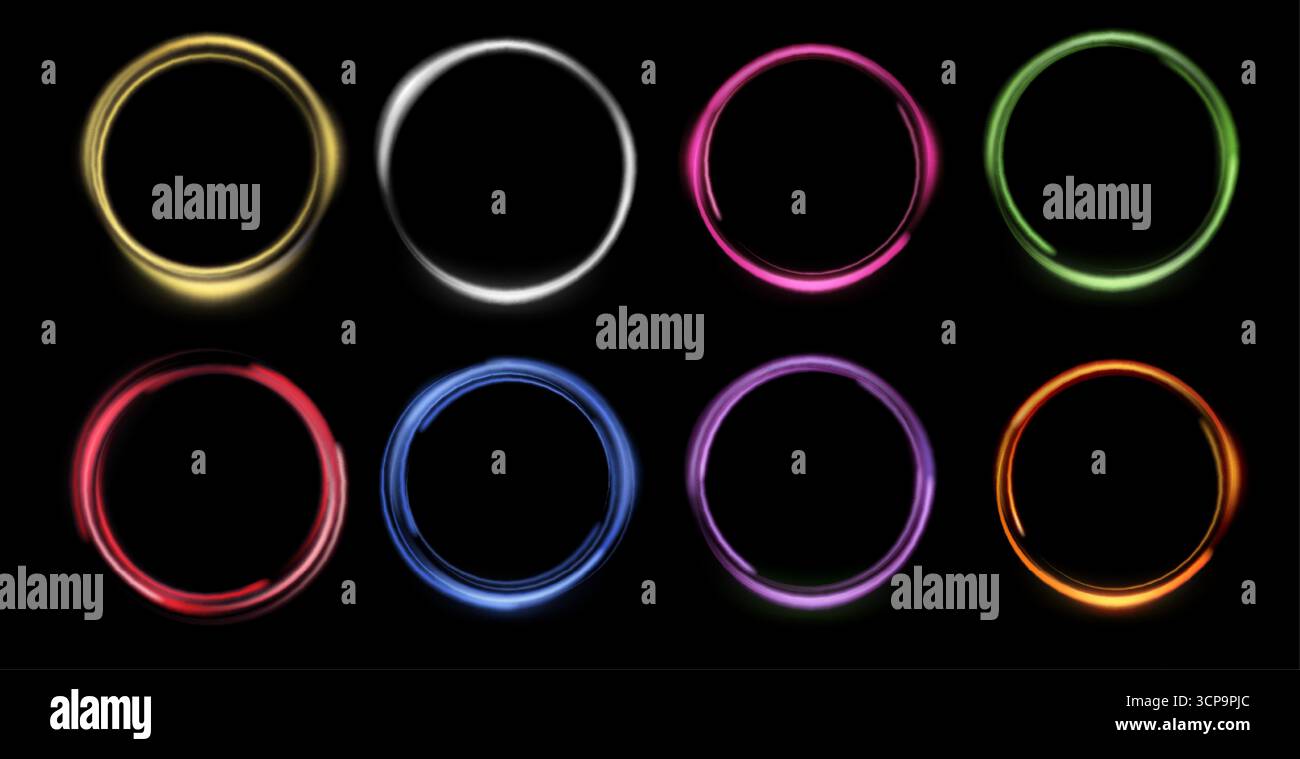 Glowing magic rings set. Neon realistic energy flare rings with ...