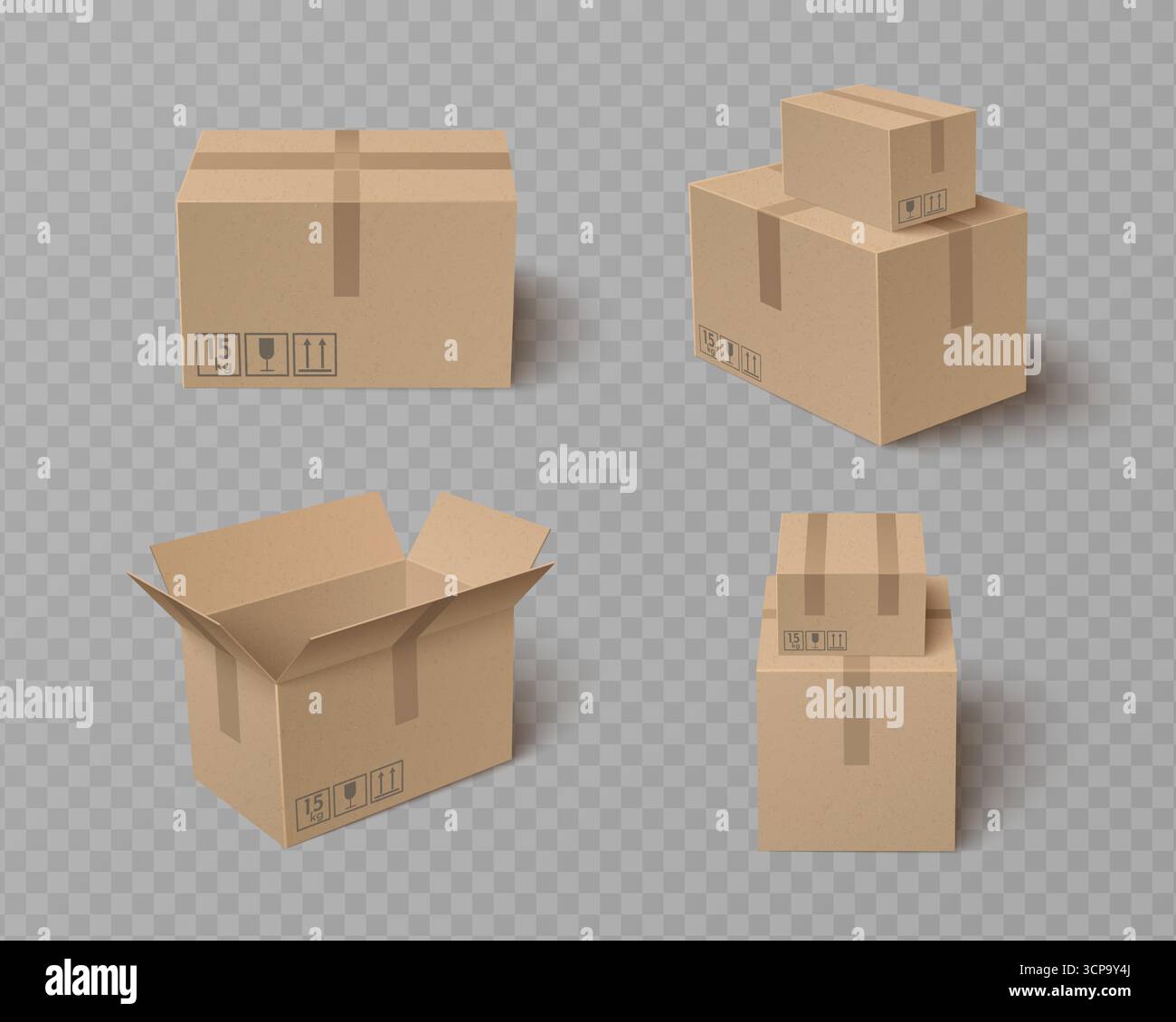 Cardboard box packages with top open flaps, stacked shipping containers ...