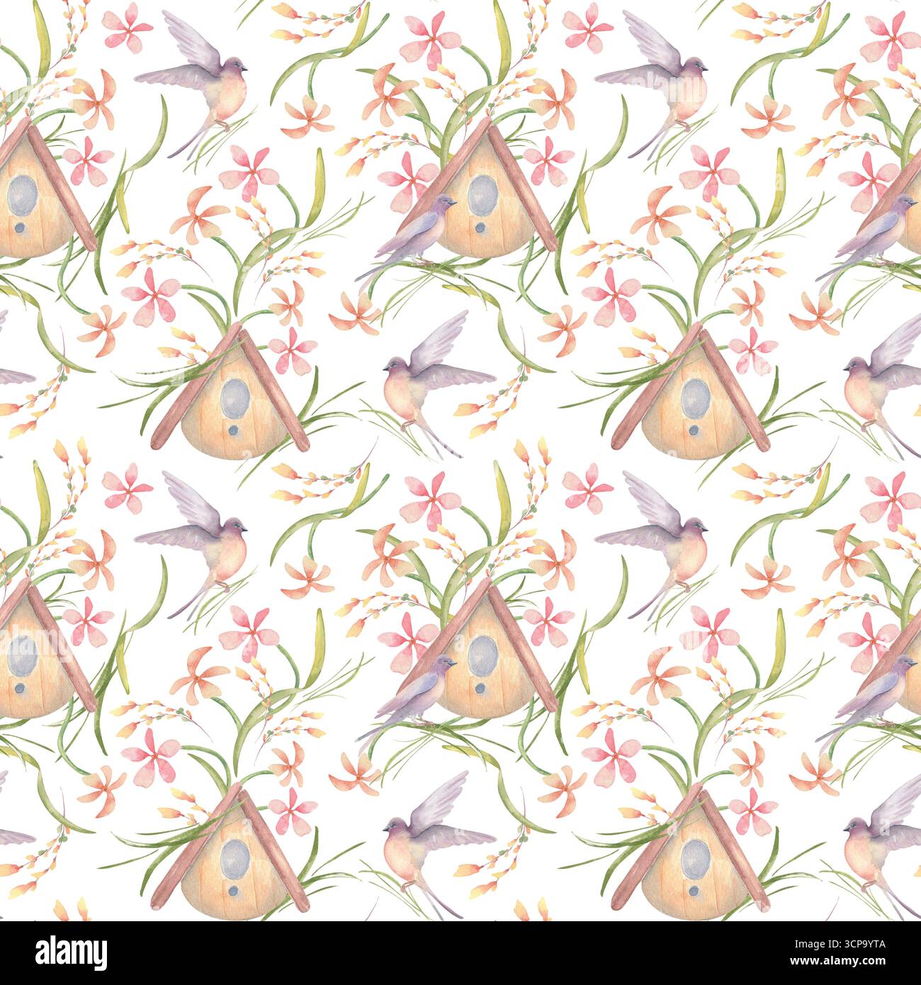Spring garden with flowers and birdhouse repeated background on white. Cute seamless watercolor pattern in soft pink colors isolated. Bird meadow Stock Photo