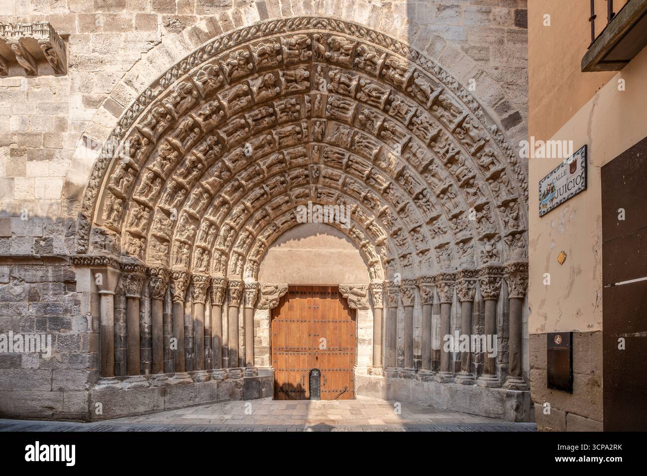 Magnificent Romanesque Portal Of Judgment Final Cathedral Tudela Navarra Spain. Medieval Architecture, Gothic Elements, Religious Sculpture Stock Photo