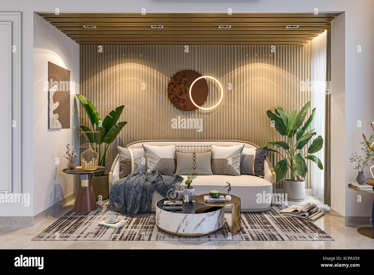 Cozy Luxury Living Nook with Wood Slat Wall and Ceiling, Neutral Sofa, and Tropical Indoor Plants Stock Photo