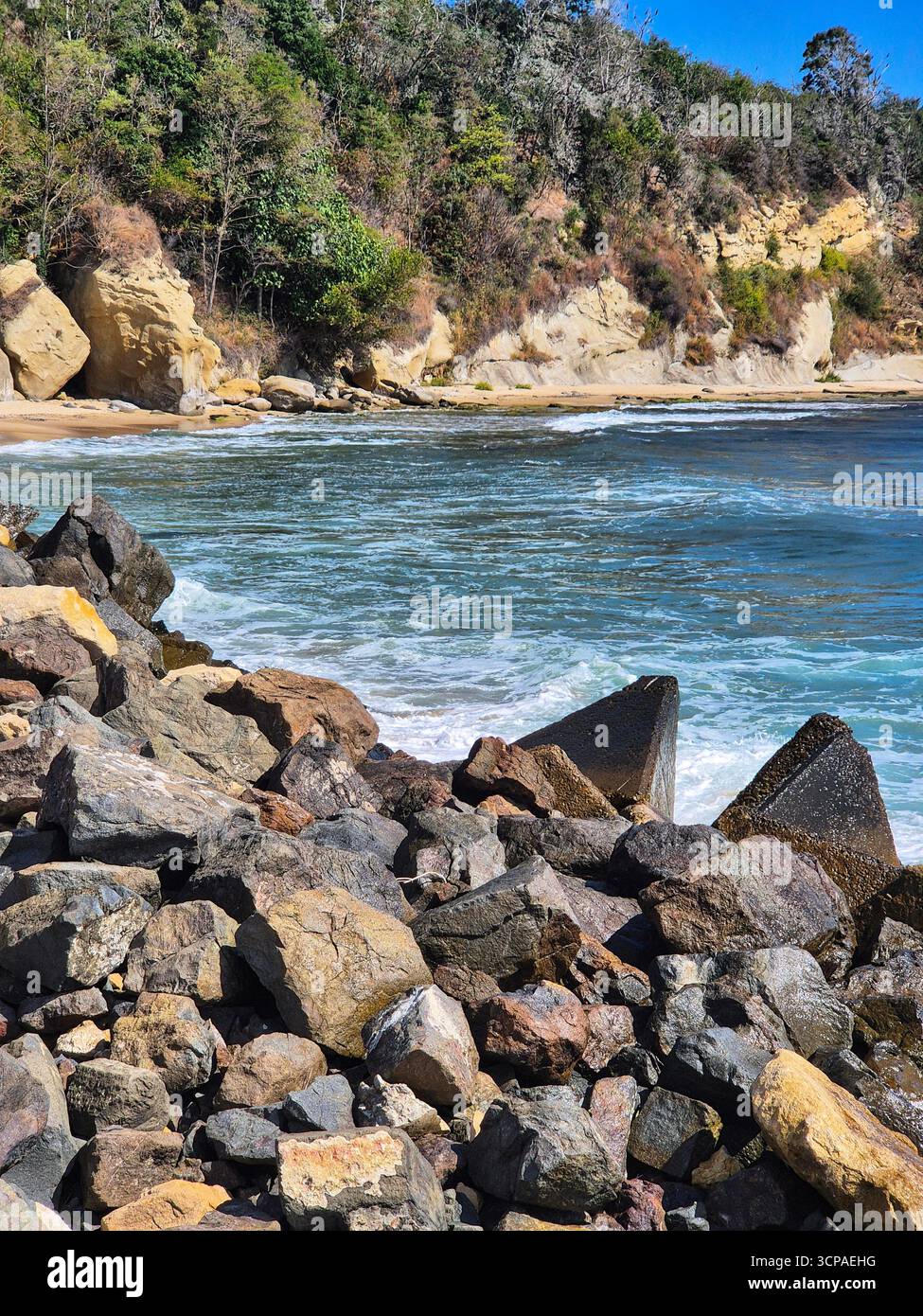 Rocky coast of the sea. mesmerizing landscape. Mountain landscape with large stones on the seashore. - Smartphone Captured Stock Image