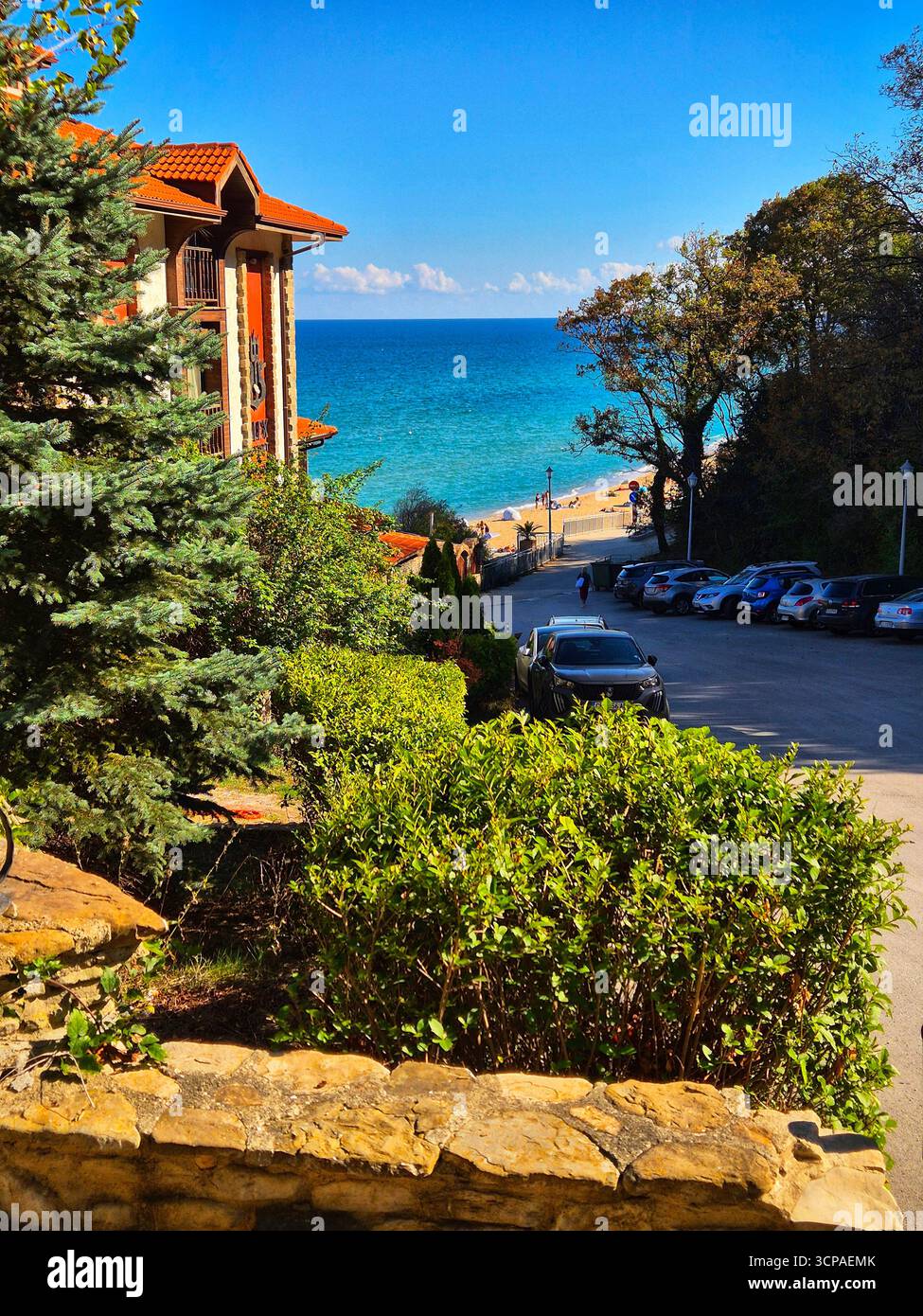 Sea view from above. Beautiful view of the coast. House by the sea. A colorful view of an old cozy house near the sea. - Smartphone Captured Stock Image